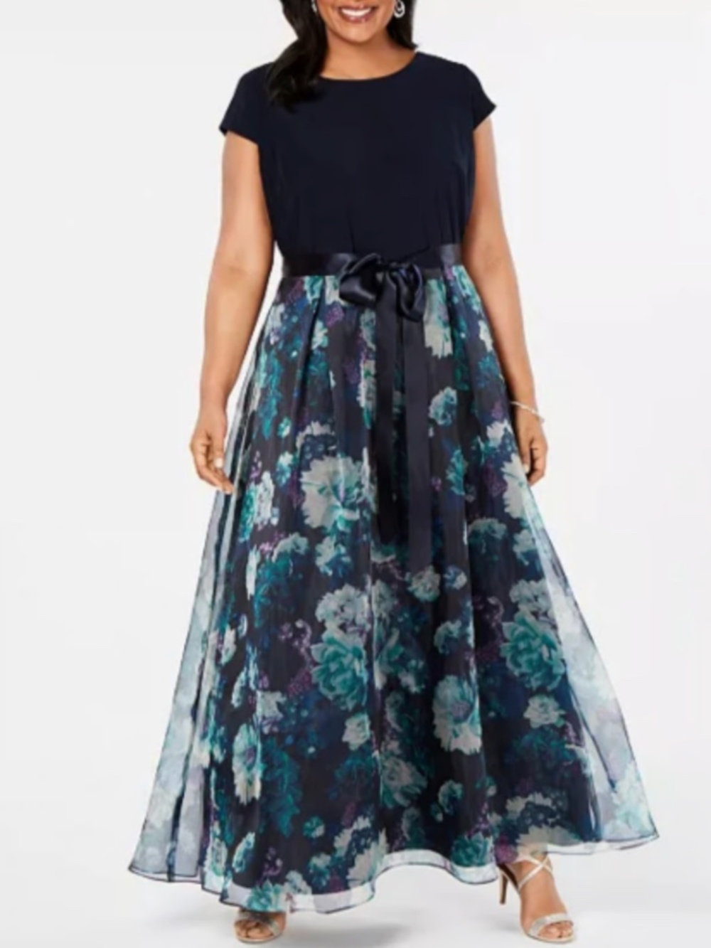 SLNY Floral Organza Patterned Maxi Dress Elegant Formal Gown NWT